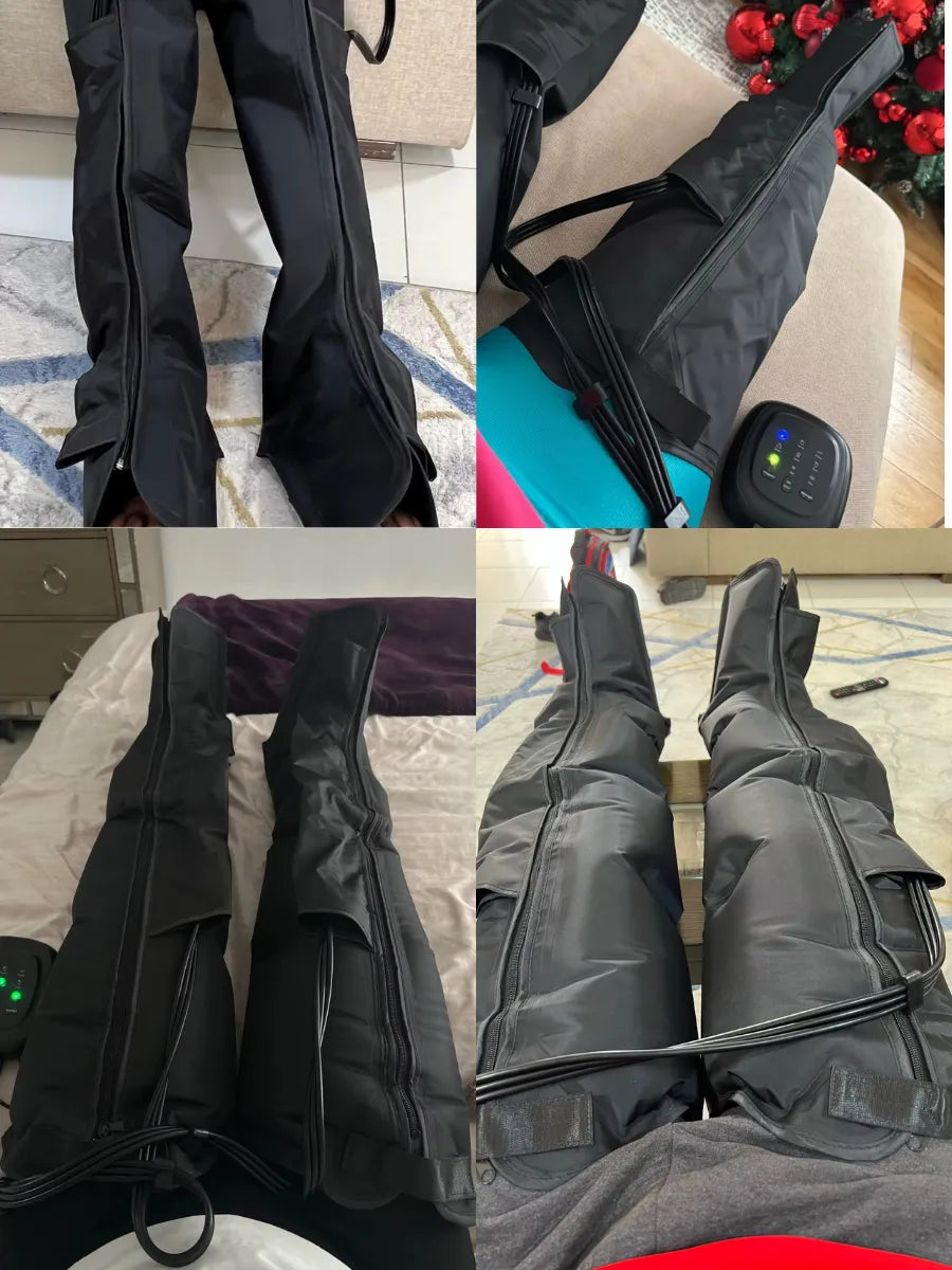 4 people using leg compression massagers for muscle recovery and relaxation at home