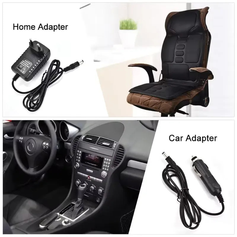 Full-Body Heated Massage Cushion charging cable next to office chair and car charger.
