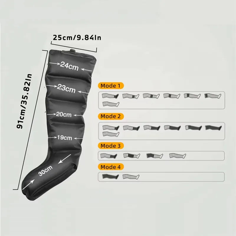 Air compression leg massager with various massage modes and adjustable sizes for a personalized fit