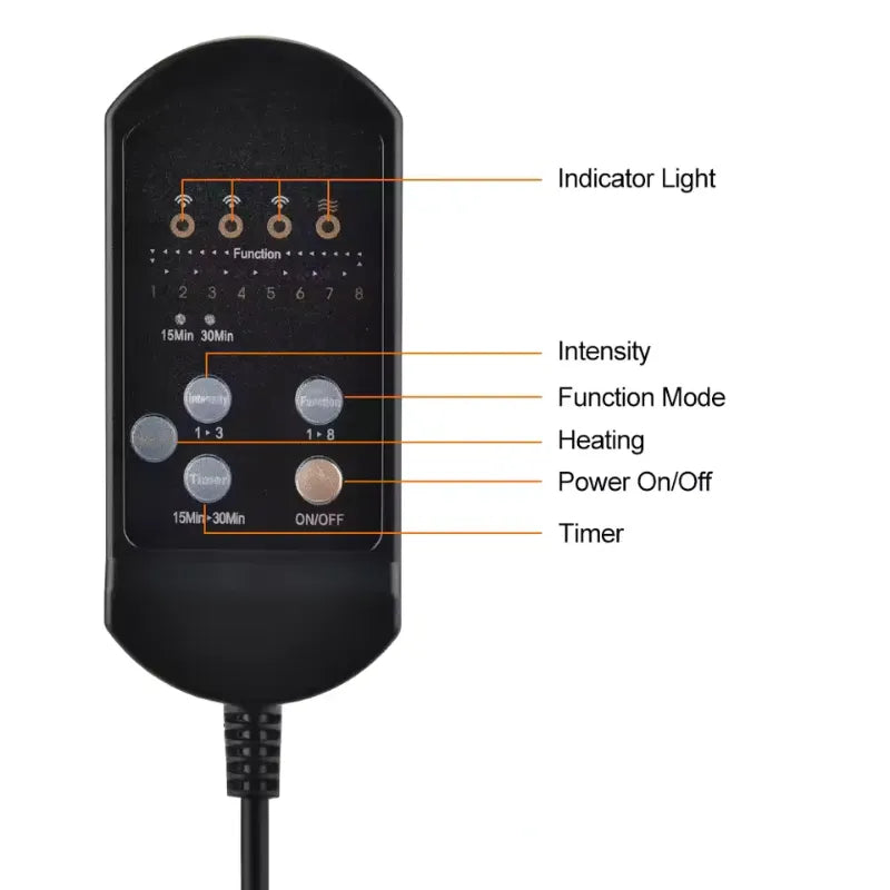 Close-up of the Full-Body Heated Massage Cushion remote control displaying various adjustable settings and functions.