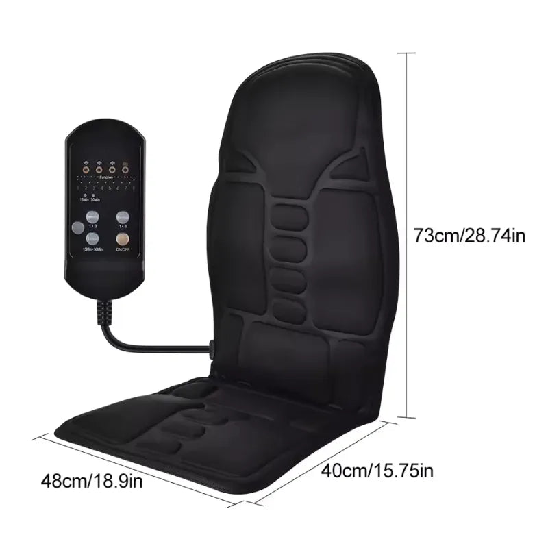 Full-Body Heated Massage Cushion with remote control, shown with detailed product dimensions for accurate sizing.