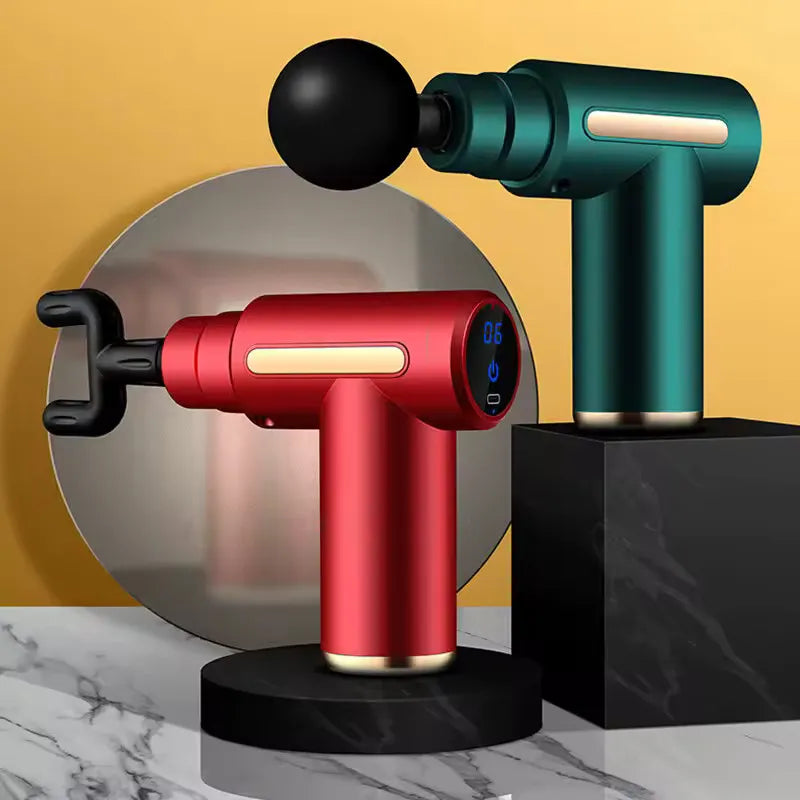 Mini massage gun showing 6 adjustable speed levels (1200–3200 RPM)