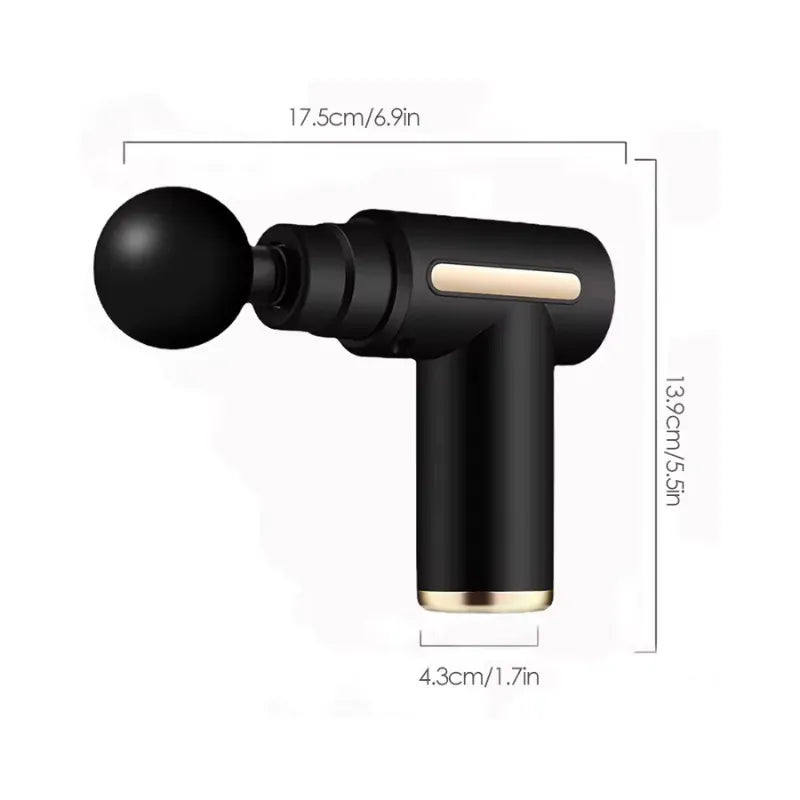 Mini handheld massage gun with detailed size measurements