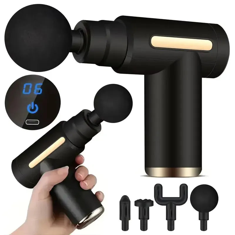 Compact mini massage gun with attachments, control panel, and ergonomic grip