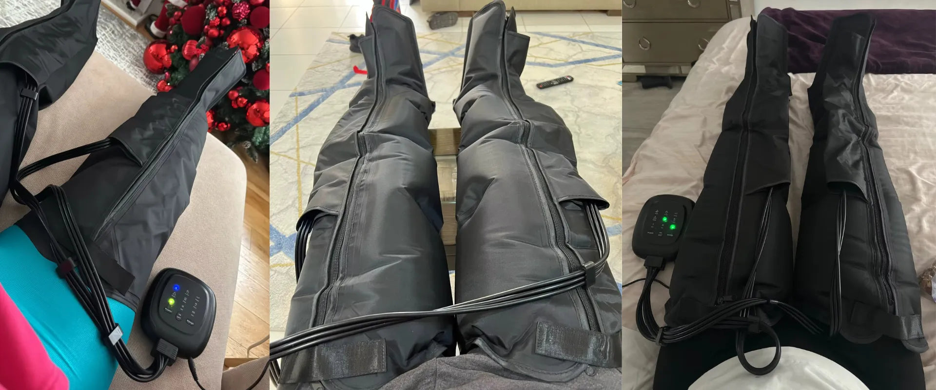 Three people using leg compression massagers for muscle recovery and relaxation at home