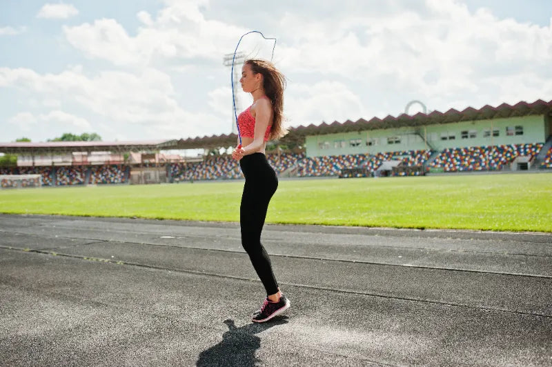 Woman doing smart jump rope workout at stadium